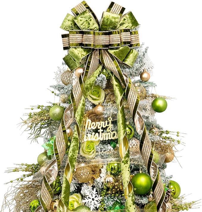 Christmas Tree Topper Bow，53 x 13 Inches Velvet Large Christmas Bow Decor with Long Glittering Streamer Line，Xmas Decorations for Tree Wreath Door Festival Home(Olive Green & Gold Line)