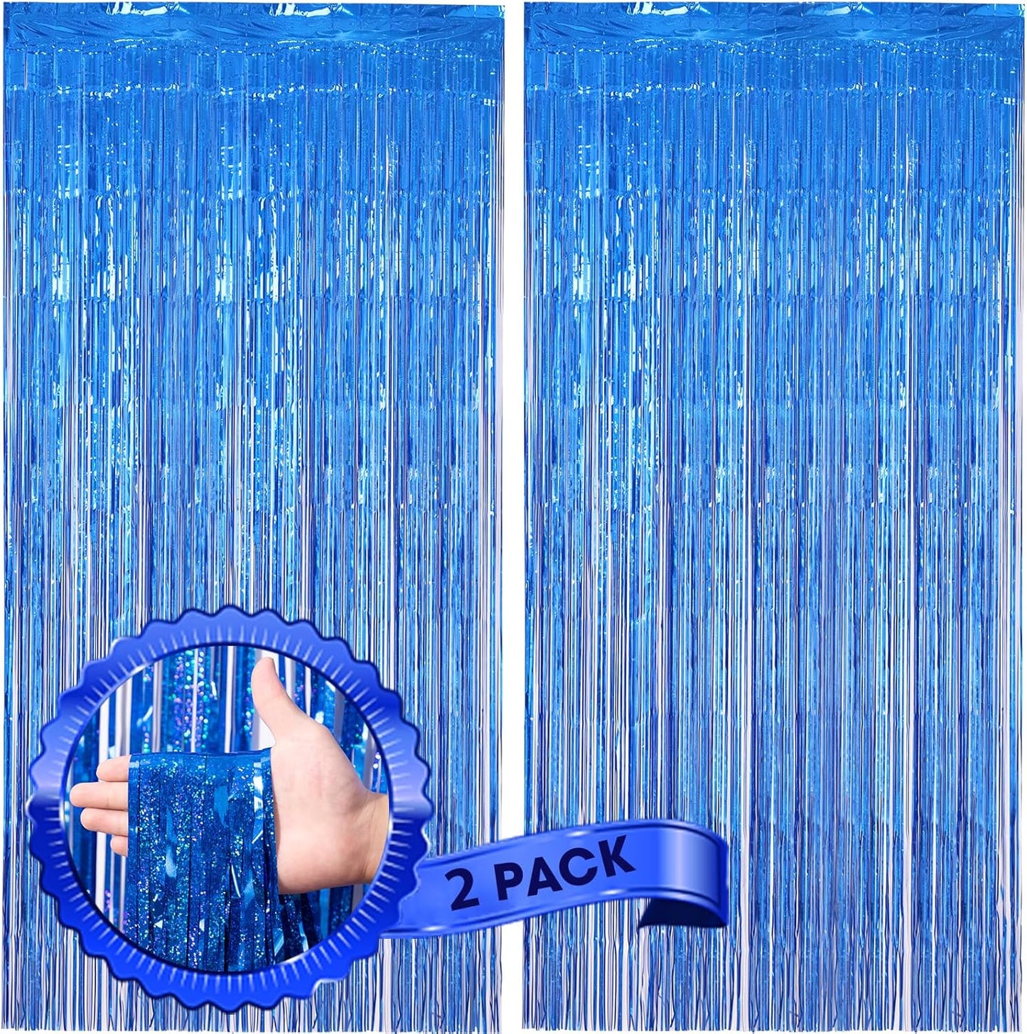 2 Pack Laser Blue Foil Fringe Backdrop Curtains, Tinsel Streamers Birthday Party Decorations, Fringe Backdrop for Graduation, Baby Shower, Gender Reveal, Disco Party