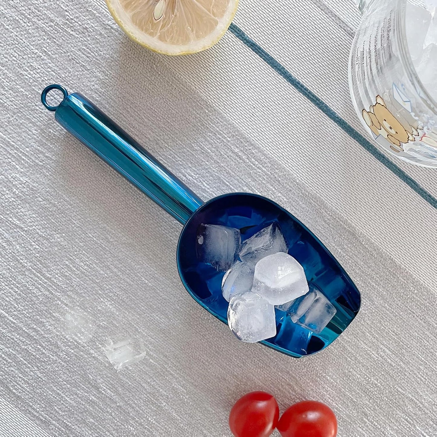 Metal Ice Scoop 3 Oz, Small Stainless Steel Ice scooper for Ice Maker Ice Bucket Kitchen Freezer Bar Party Wedding, Multipurpose for Coffee Bean,Flour Scoop,Dog Food Scoop (3 OZ-Blue)