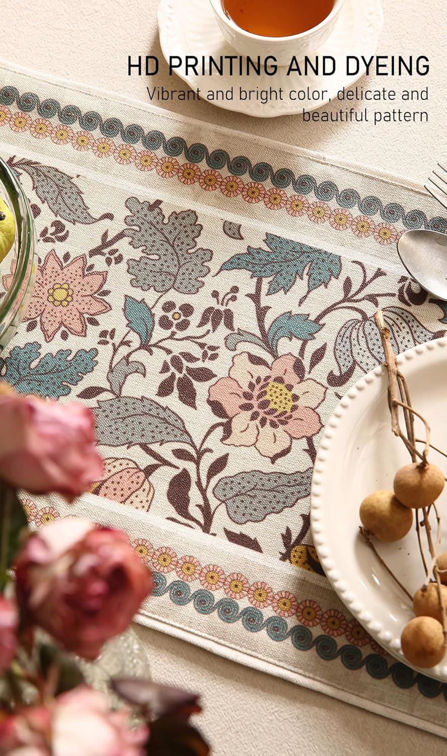 ISAENNE Designer Bohemian Linen Table Runner 87 Inches Long,Elegant Lotus Flowers Pattern Decor Table Runners for Dining Tables,Thanksgiving,Kitchen Tables,Christmas,12"*87"-Hazel A