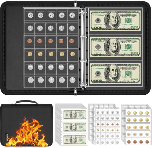Coin Binder for Collectors with Handle, Fireproof 400 Pockets Coin Collection Album & 36 Paper Currency Book Sleeves, Coin and Bill Organizer Holder Supplies for Quarters, Pennies, 12.8x10.2x1.8inch