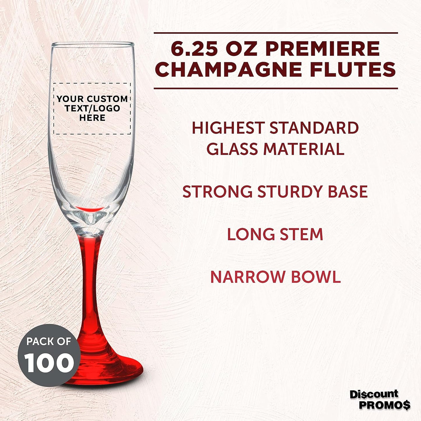 DISCOUNT PROMOS Custom Premiere Champagne Flutes 6.25 oz. Set of 100, Personalized Bulk Pack - Elegant Drinkware for Weddings, Events, & Promotional Gifts - Red