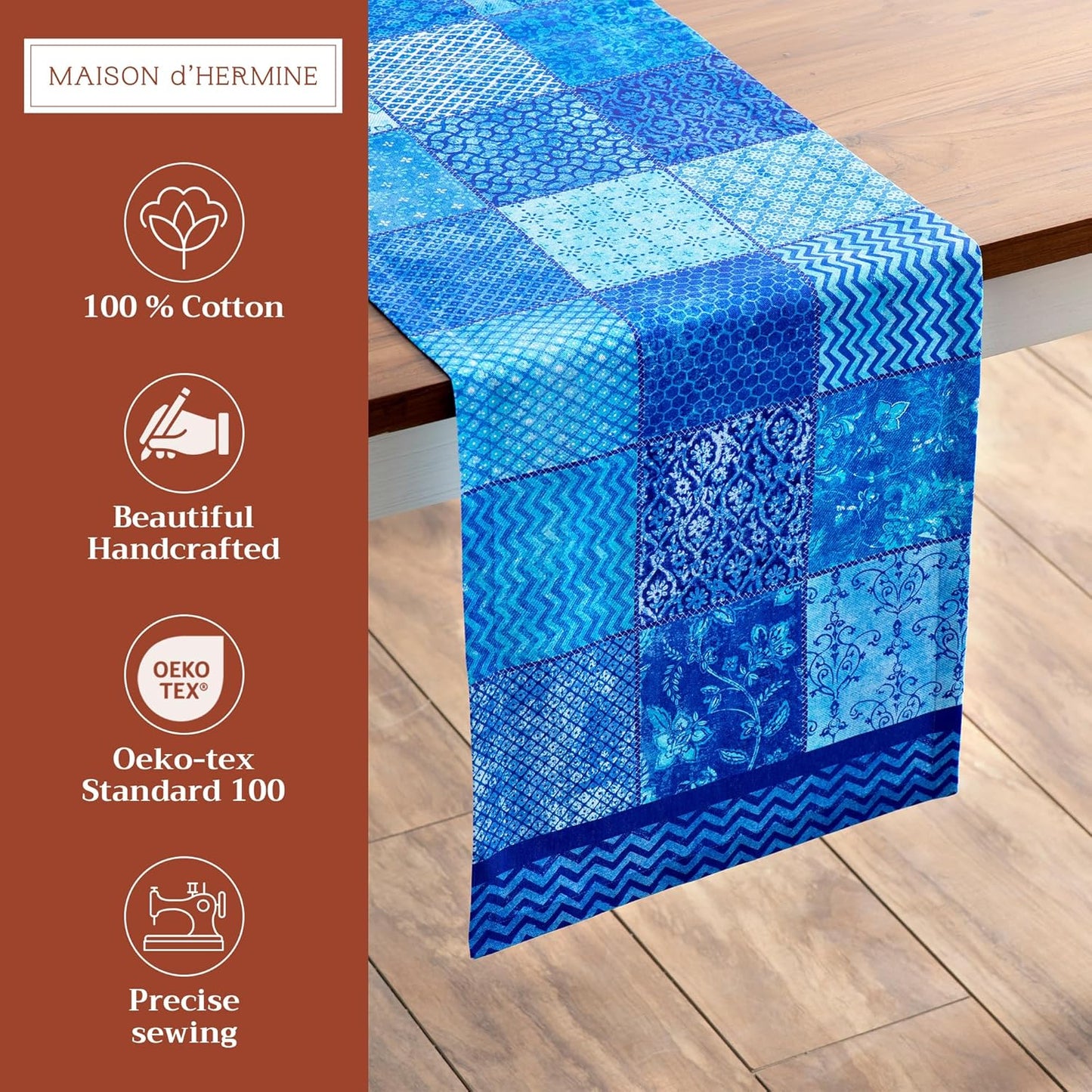 Maison d' Hermine Table Runner 100% Cotton Single Layer Table Runners 108 inches Long Decorative for Home Kitchen Dining Party Wedding Bridal Shower Spring Summer (Indigo Love, 14.50" x 108")