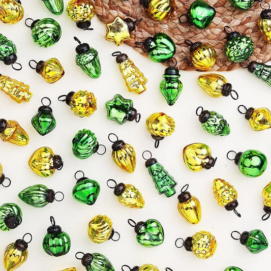 75 Pieces Glass Gold Green Christmas Ornaments Decorative Mercury Mini Vintage Bulk Hanging Ornaments for Halloween, Christmas Tree, New Year, Valentine Day, Holidays, Event and Wedding Party Decor