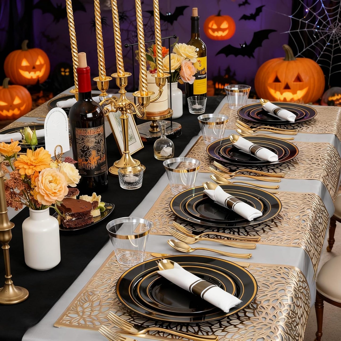 350 Pieces Black and Gold Plastic Plates with Disposable Silverware, Include 50 Dinner Plates 9”, 50 Dessert Plates 6.3”, 50 Black Cups 9 OZ, 50 Pre Rolled Napkins for Halloween new year