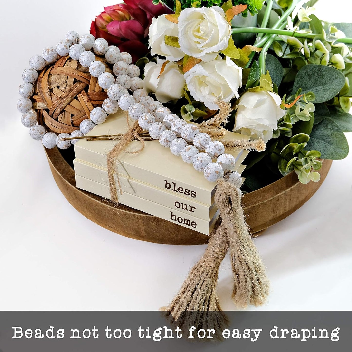 Farmhouse Wood Bead Garland Home Decor, Natural Wooden Garland for Tiered Tray, Decorative Tassel for Tier Tray, Rustic Beads Centerpiece Boho Table Decor, Beaded Accent White Washed
