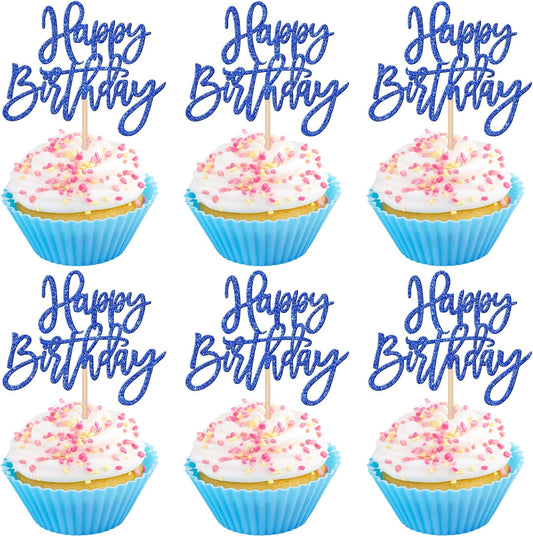 24 PCS Happy Birthday Cupcake Toppers Glitter Picks for Celebrating Anniversary Theme Party Cake Decorations Supplies Dark Blue