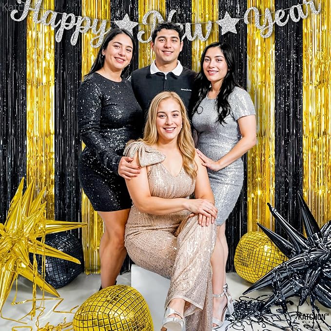 KatchOn, Xtralarge Black and Gold Streamers - 8x3.2 Feet, Pack of 2 | Black and Gold Fringe Curtain for Black and Gold Party Decorations | Black and Gold Backdrop, Graduation Decorations 2024