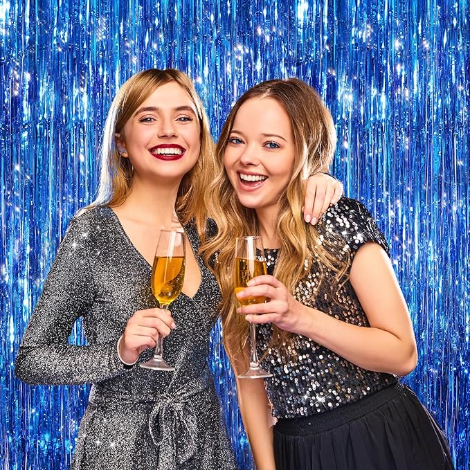 2 Pack Blue Metallic Tinsel Foil Fringe Curtains, Door Streamers Photo Booth Backdrop for Birthday Party, Tinsel Curtain Backdrop for Baby Shower Bachelorette Christmas Party Decorations