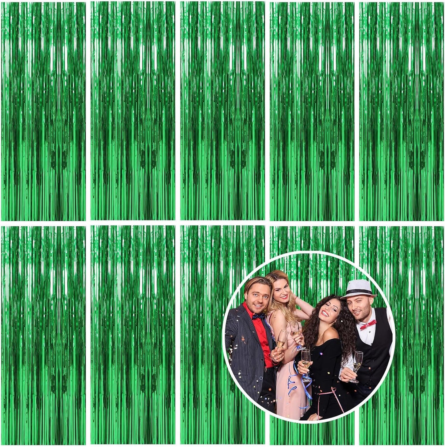 10 Pack Foil Curtain Backdrop Green Metallic Tinsel Foil Fringe Curtains Photo Booth Props for Birthday Wedding Engagement Baby Shower Bachelorette Christmas Holiday Celebration Party