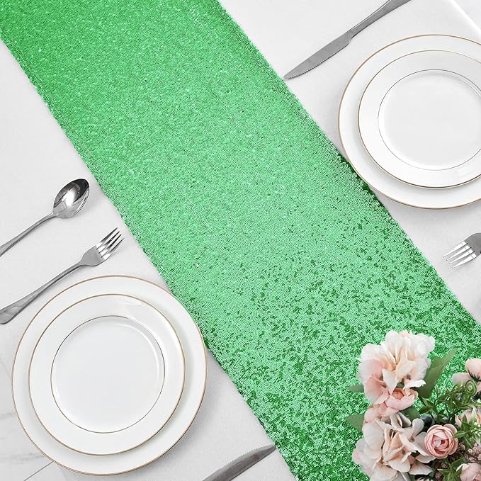 2 Packs 12 x 72 inches Grass Green Sequin Table Runner, Glitter Runner for Birthday Party Supplies Decorations Wedding Bachelorette Holiday Celebration Bridal Shower Baby Shower
