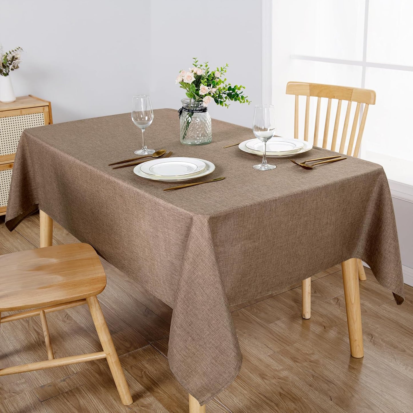 Hiasan Faux Linen Rectangle Tablecloth - Wrinkle and Stain Resistant Washable Table Cloth for Kitchen Dining Room Holiday Table Cover for Party Dinner, Khaki, 70 x 108 Inch