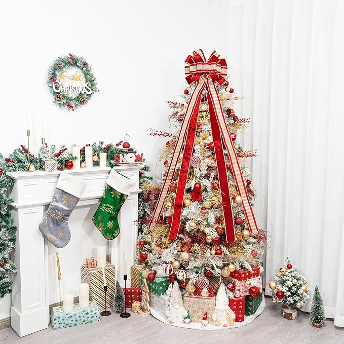 Christmas Tree Topper Bow，53 x 13 Inches Velvet Large Christmas Bow Decor with Long Glittering Streamer Line，Xmas Decorations for Tree Wreath Door Festival Home(Red & Gold Line)