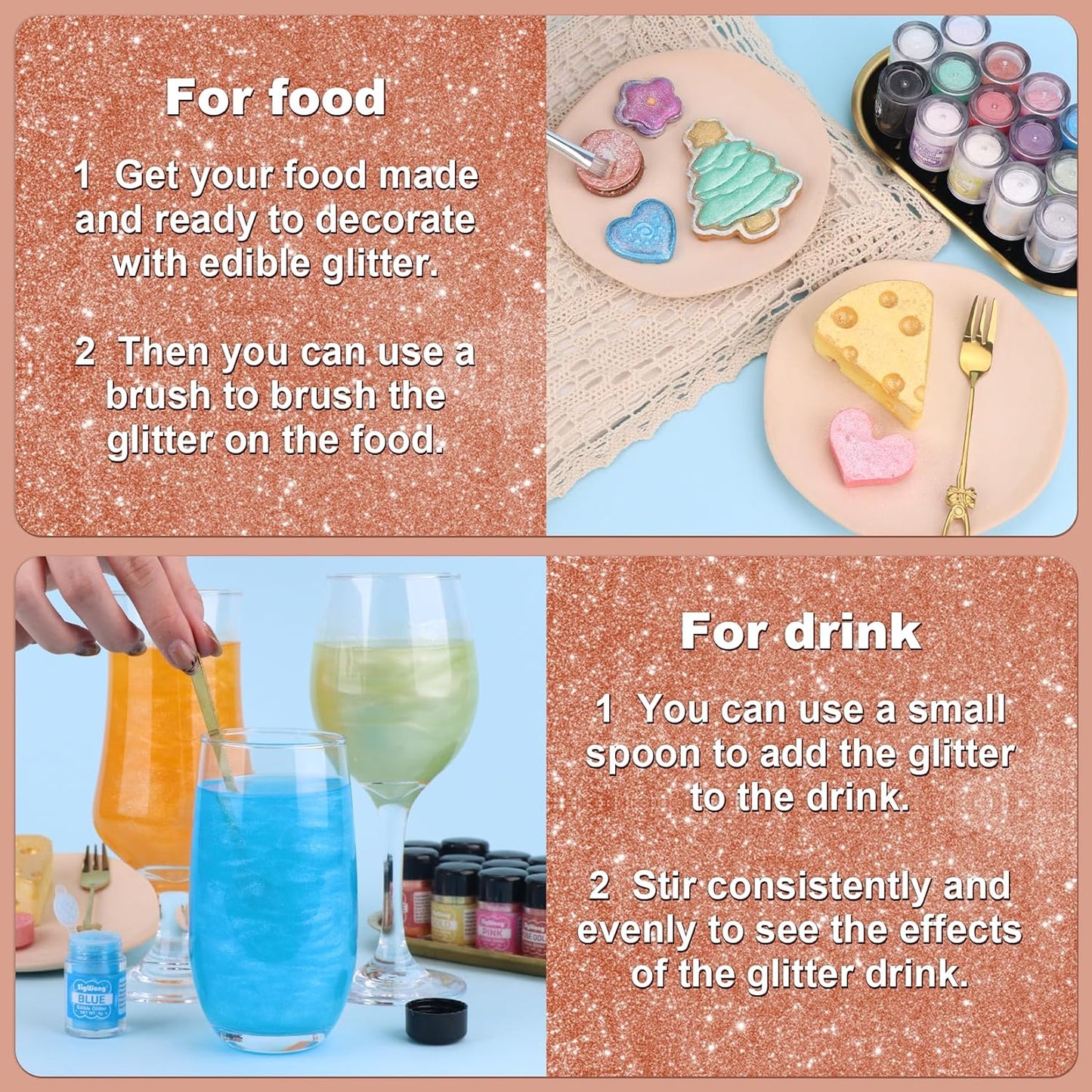 Rose Gold Edible Glitter - 5g Food Grade Cake Decorating Shimmering Glitter, Edible Sprinkle Luster Dust for Drinks, Chocolates, Fondant, Strawberries, Cupcakes, Candy, Cookie - Vegan