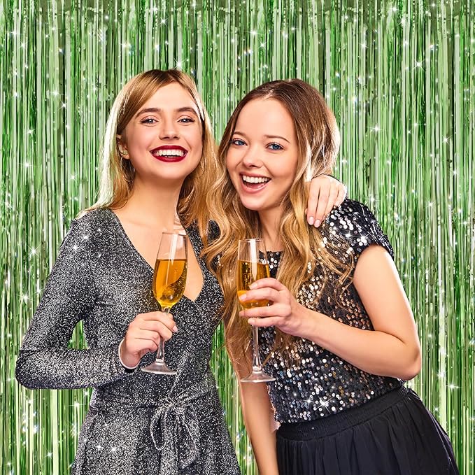 2 Pack Light Green Metallic Tinsel Foil Fringe Curtains, Door Streamers Photo Booth Backdrop for Birthday Party, Tinsel Curtain Backdrop for Baby Shower Bachelorette Christmas Party Decorations