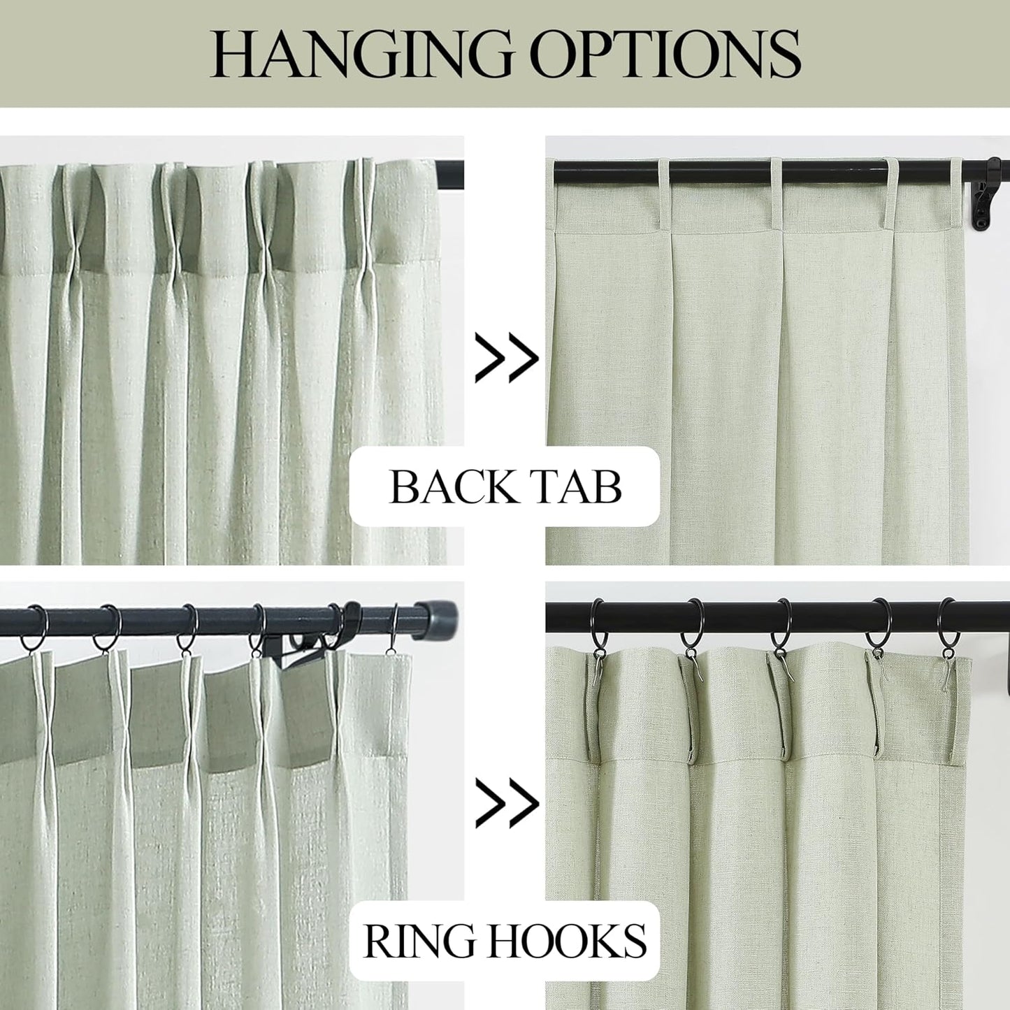 Vision Home Light Green Pinch Pleated Semi Sheer Curtains Textured Linen Blended Light Filtering Window Curtains 72 inch for Living Room Bedroom Pinch Pleat Drapes with Hooks 2 Panels 40" Wx72 L