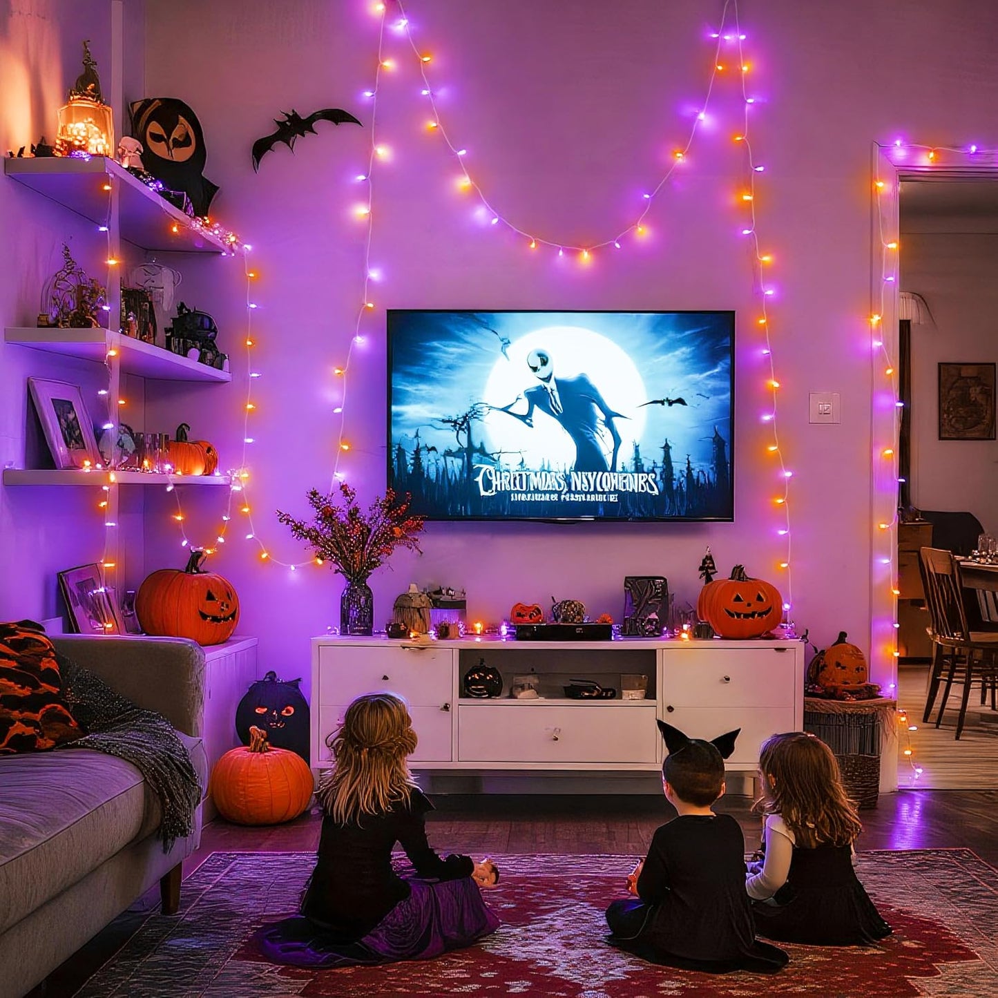 JMEXSUSS 163 FT 500 LED Halloween String Lights Indoor, Orange and Purple Halloween Lights Outdoor, 8 Modes Outdoor Waterproof Clear Wire Christmas String Light Plug in