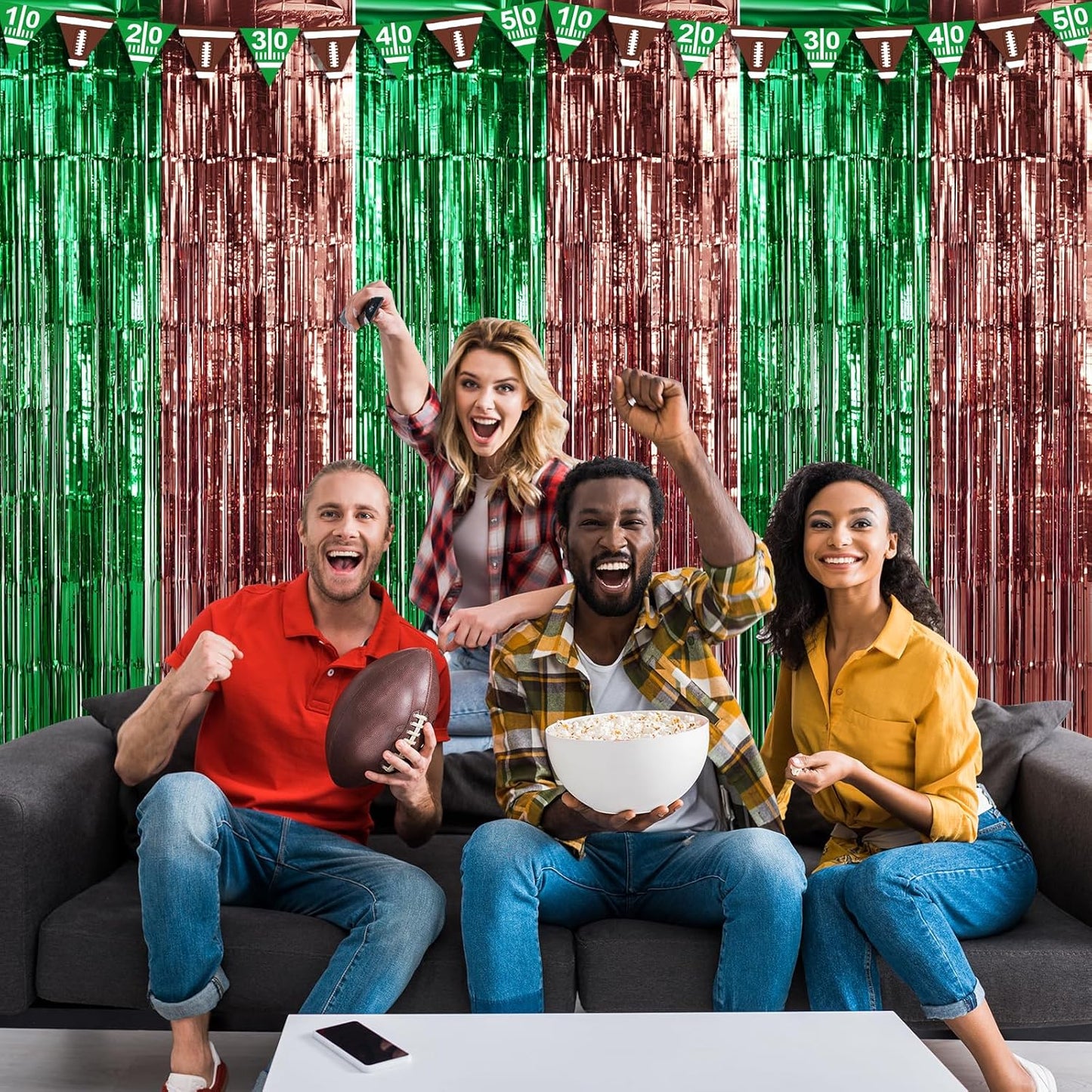 3 Pack 3.3x6.6Ft Superbowl Football Foil Fringe Curtain Backdrop Decorations, Dark Green and Brown Metallic Tinsel Foil Streamers Curtain Photo Background for Superbowl Sports Football Birthday Party