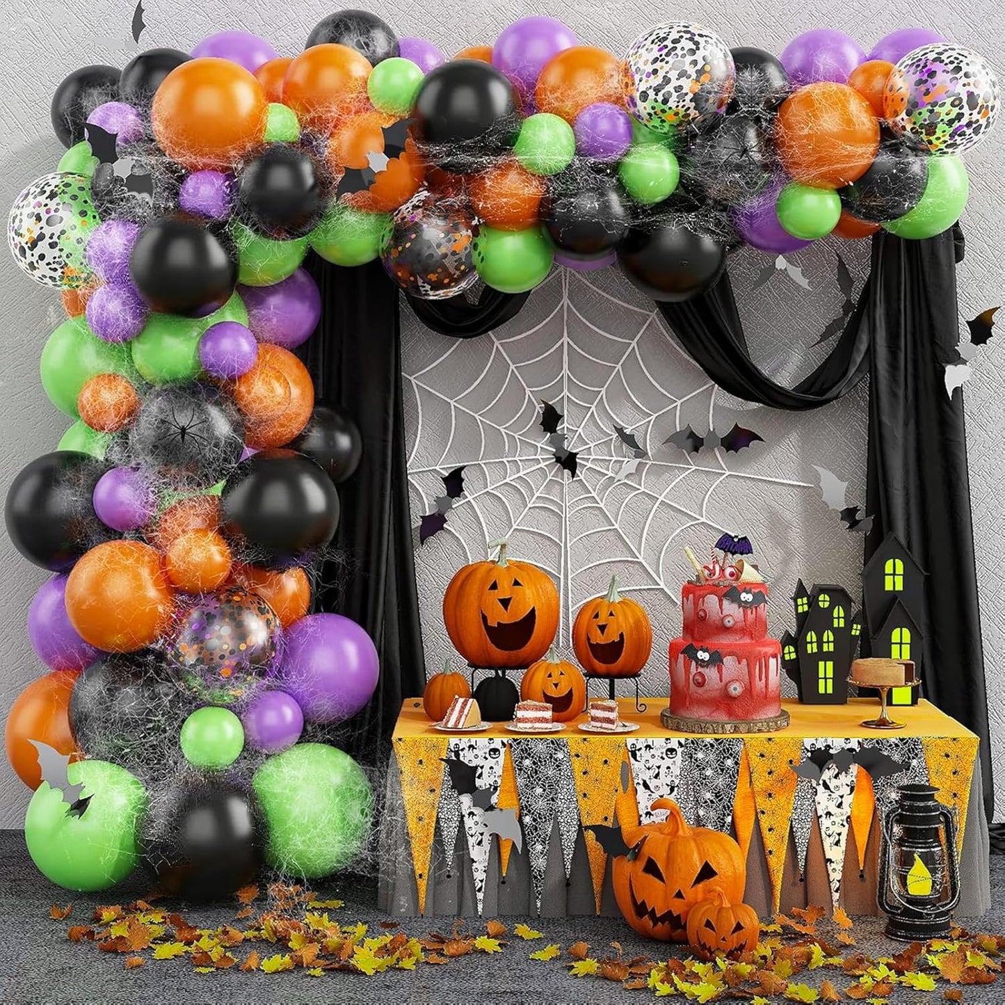 Patimate Halloween Decorations Balloons Set, 50 pcs 12 inch Purple Green Orange Black Confetti Latex Balloons Kit for Halloween Baby Shower Birthday Bachelorette Trick or Treat Party Supplies