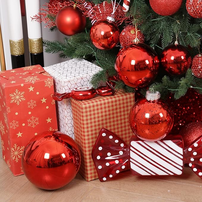 XmasExp Large Christmas Ball Ornaments,1pcs Red Giant Shatterproof Plastic Hanging Mercury Xmas Ball Decorations Christmas Tree Ornaments (Red, 8")