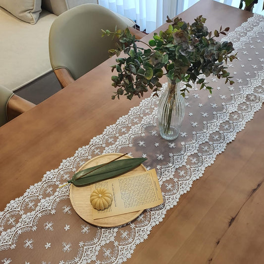 Inicia Table Lace Runner 12×70 inch Embroidered for Holiday Wedding Picnic Daily Dinner Tables White Decor (Polyester, 12"×70" (31cm×180cm))