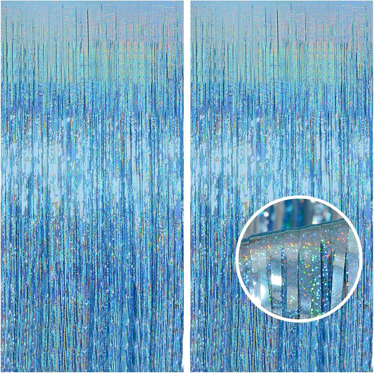 Melsan 2 Pack 3.2 ft x 8.2 ft Tinsel Foil Fringe Curtains Backdrop, Sparkle Metallic Foil Curtains for Party Photo Booth Props Baby Shower Memaid Decoration, Light Blue