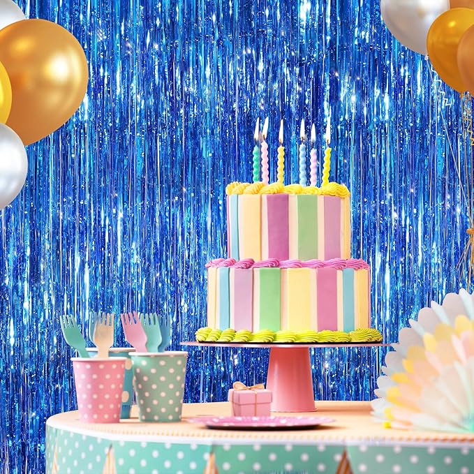 2 Pack Blue Metallic Tinsel Foil Fringe Curtains, Door Streamers Photo Booth Backdrop for Birthday Party, Tinsel Curtain Backdrop for Baby Shower Bachelorette Christmas Party Decorations