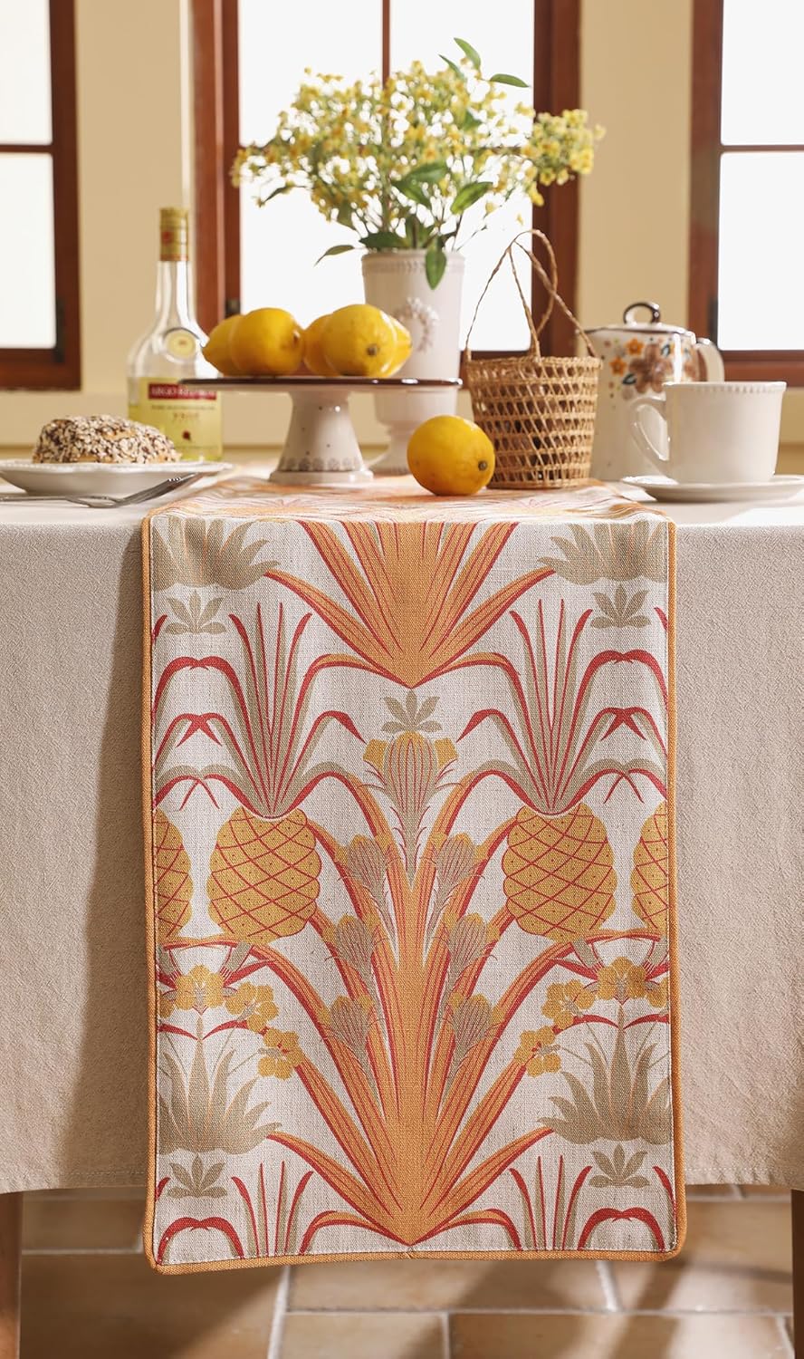 patdrea Designer Tropical Linen Table Runner 87 Inch Long, Yellow Vintage Elegant with Pineapple Pattern Table Mat,Decoration for Kitchen Dining Coffee Table Cover Banquet Christmas , 12"*87"