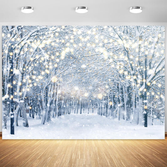 8x6FT Winter Snowy Scene Photography Backdrop Winter Wonderland Landscape Snowflake Tree Snowy Background Bokeh Glitter White Snow Forest Party Photo Booth Studio Props
