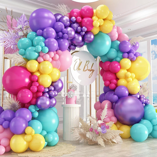 412pcs Purple Blue Pink Balloon Garland Arch Kit, 18 12 10 5 inch Different Sizes Hot Pink Metallic Purple Teal Yellow Balloons for Kid Magic Baby Shower Birthday Engagement Party Decoration