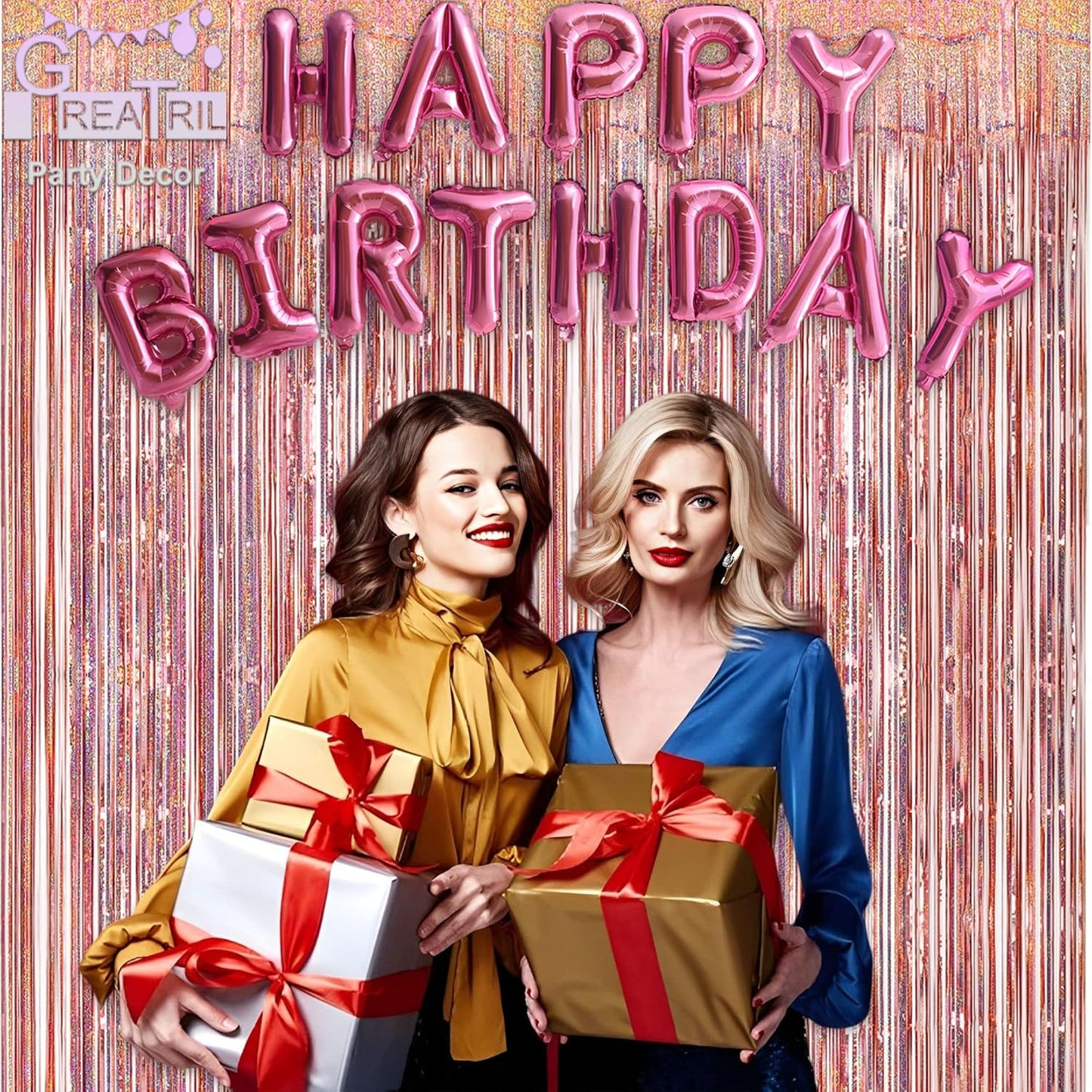 Rose Gold Tinsel Curtain Party Backdrop - GREATRIL Foil Fringe Curtain Streamers for Bachelorette Party Decorations Bride Be Party Streamers 2 Packs (Rose Gold)