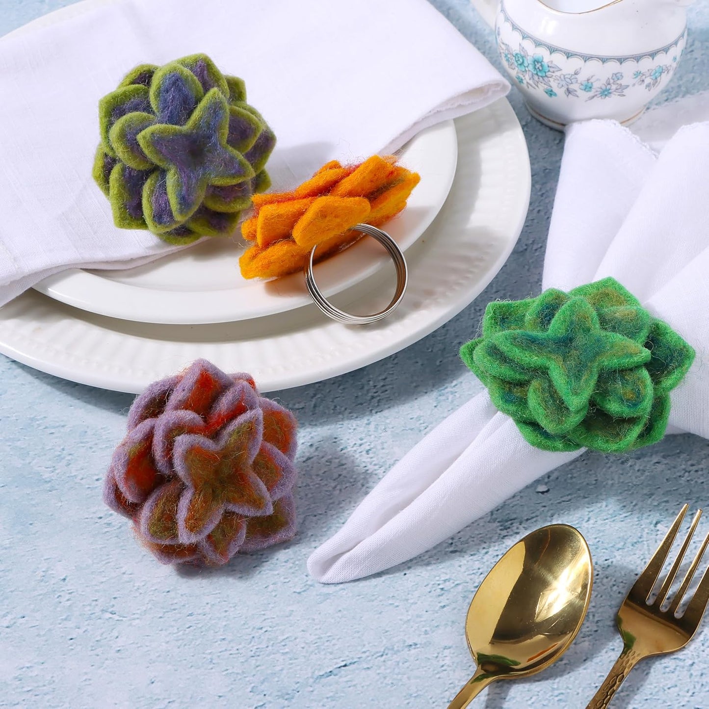 Wool Felt Napkin Ring Set of 8 - Elegant Flower Spring & Farmhouse Table Décor with Silver Electroplated Metal Alloy Base - Perfect for Banquet Table Decor & Daily Use (Multi) - CLEENTABLE