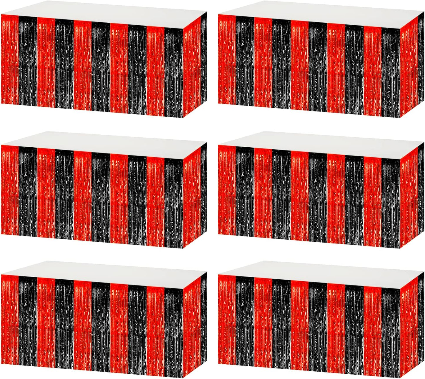6 Pack 29x108 Inch Black Red Metallic Foil Fringe Tinsel Table Skirts for Rectangle Tables Streamer Curtains Backdrop for Wedding, Casino Viva Las Vegas Game Night Birthday Party Decoration