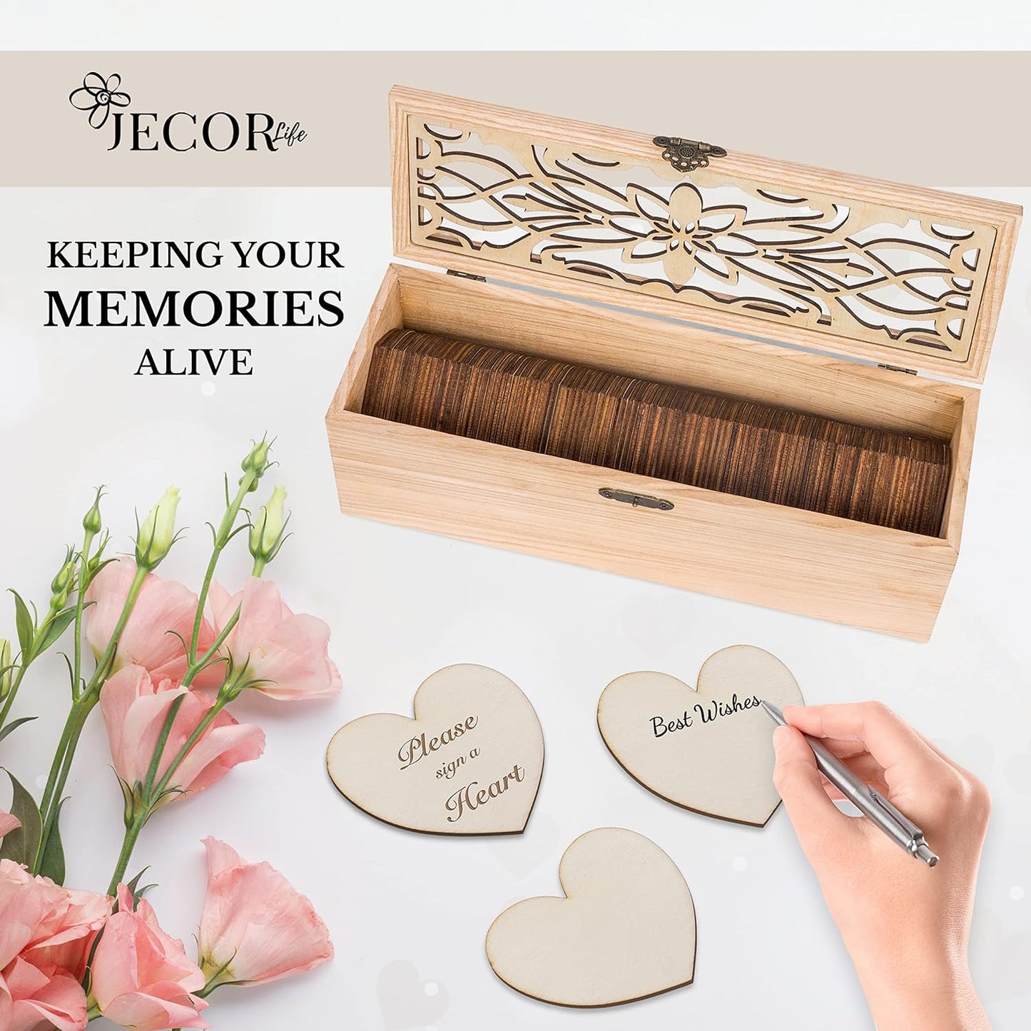 Alternative Guest Book Box - Wedding Guest book Alternative - 98 Large Wooden Hearts - Also for Baby Shower, Bridal Shower, Anniversary, Birthday, Retirement, Funeral Guest Book Alternatives - Pattern