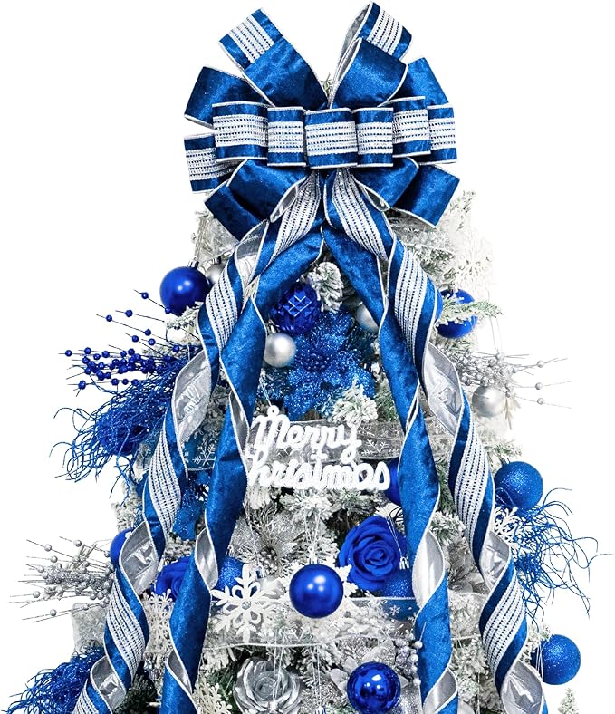 Christmas Tree Topper Bow，53 x 13 Inches Velvet Large Christmas Bow Decor with Long Glittering Streamer Line，Xmas Decorations for Tree Wreath Door Festival Home(Blue & Silver Line)