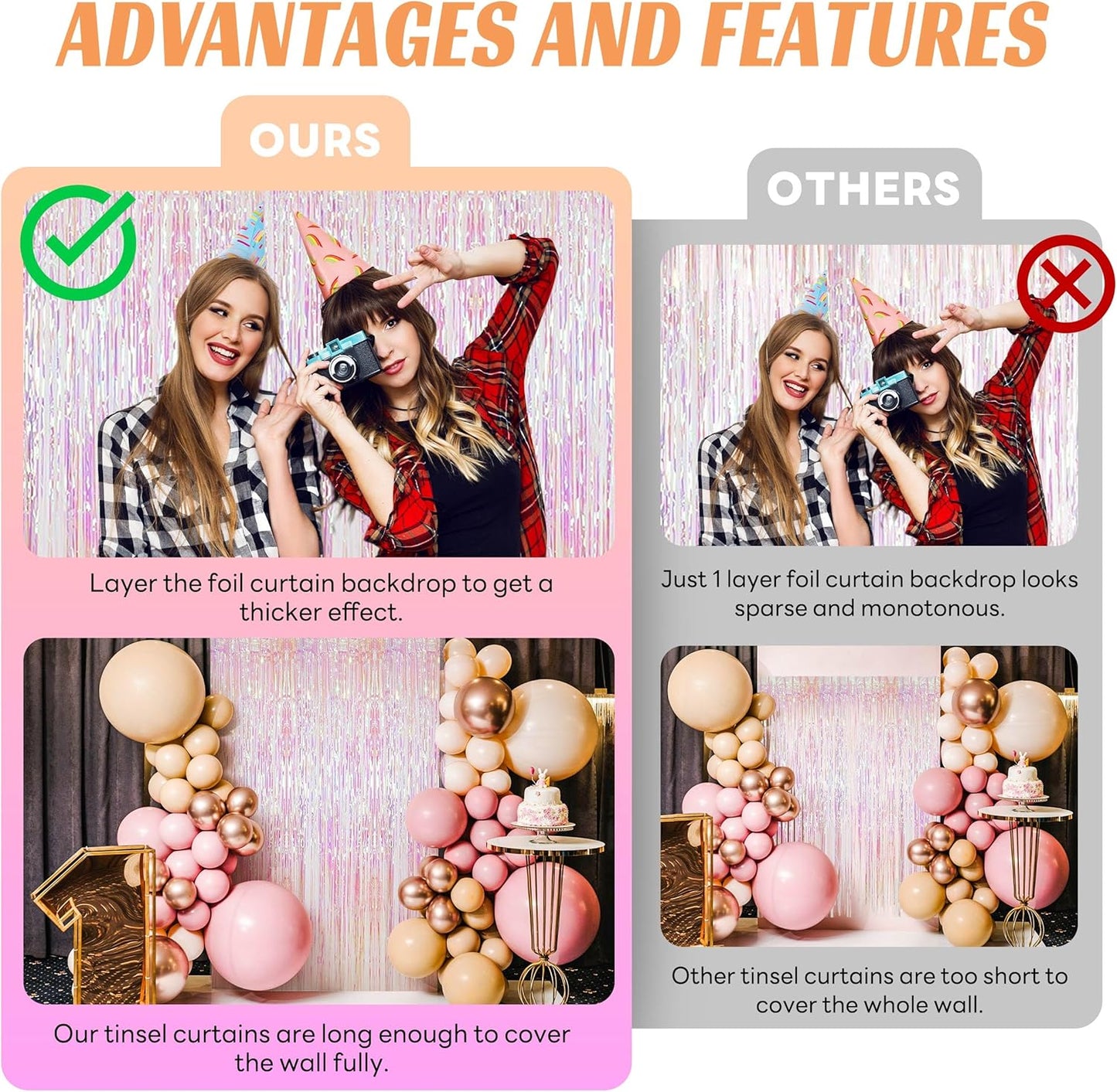 BTSD-home 4 Pack Iridescent Backdrop Transparent Clear Foil Fringe Curtain, Metallic Photo Booth Tinsel for Mermaid Frozen ERAS Wedding Birthday Baby Shower Bachelorette Party Decorations(8ft x 3ft)