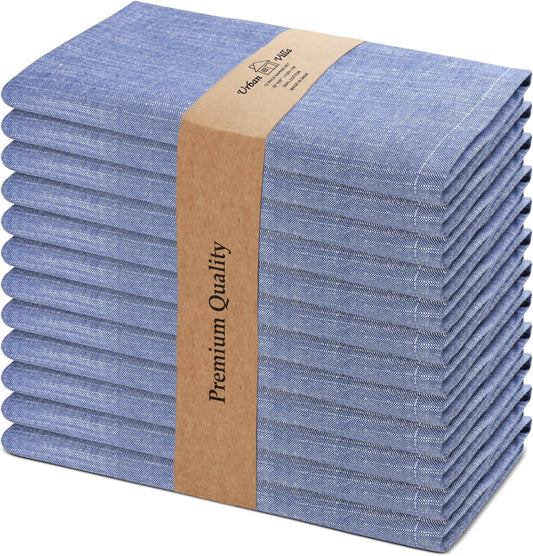 Urban Villa Cloth Napkins 100% Cotton Slub Absorbent Dinner Napkins (Set of 12) Oversized 20x20 Inches Blue White Chambray Soft Durable Reusable Washable Ideal for Everyday Use Premium Quality