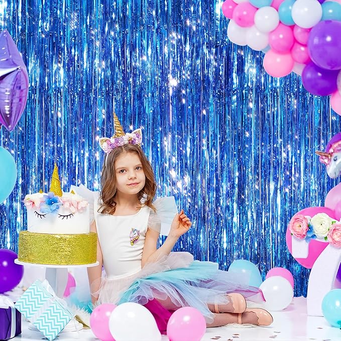 2 Pack Blue Metallic Tinsel Foil Fringe Curtains, Door Streamers Photo Booth Backdrop for Birthday Party, Tinsel Curtain Backdrop for Baby Shower Bachelorette Christmas Party Decorations