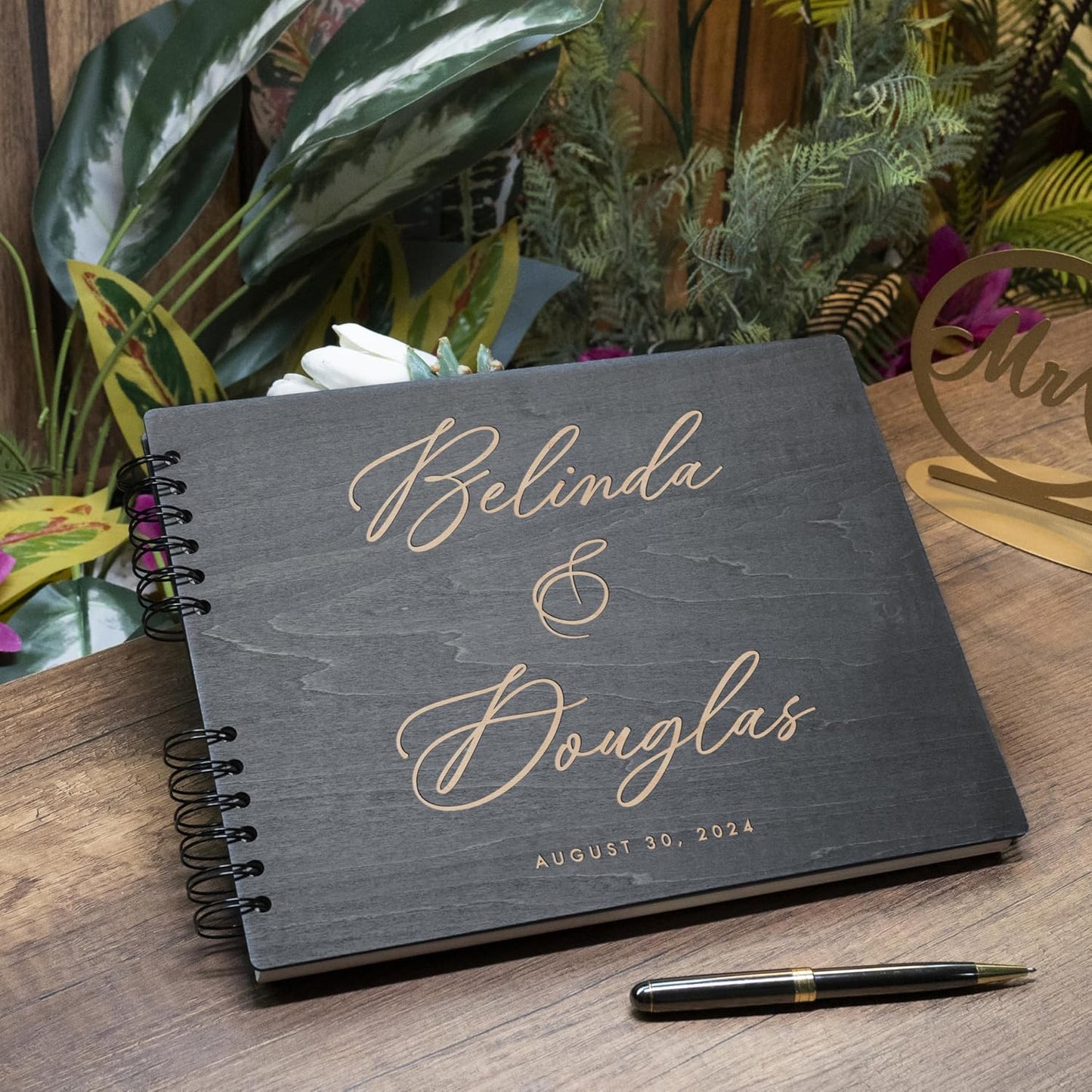 Personalized Wood Wedding Guest Book - 5 Colors/Finishings, 2 Sizes, 12 Designs - Wood Wedding Decorations, Guest Book Signs for Wedding Reception (DESIGN 6)