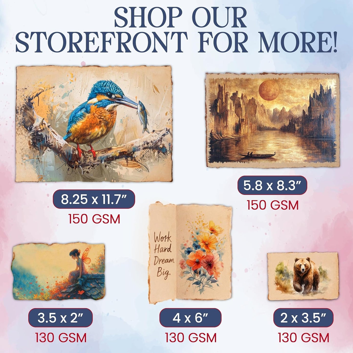 Wanderings Handmade Antique Deckle Edge Blank Paper - 8.25 x 11.7 - A4 Size Package of 50 - Recycled Watercolor Mixed Media Loose Leaf Paper for Writers Invitations Crafts - Thick 150 GSM