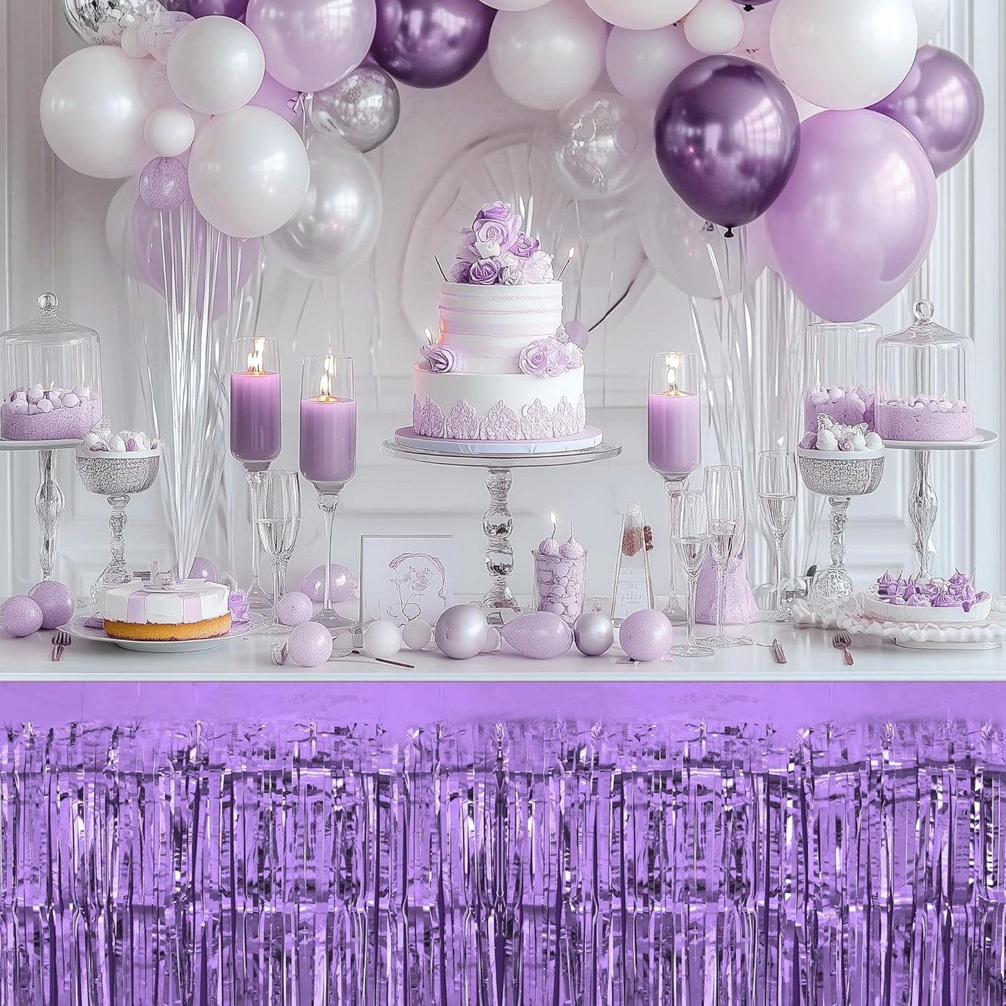 4 Pack Light Purple Table Skirts, 29x108" Metallic Foil Tinsel Fringe Table Skirts for Rectangle Tables Streamer Curtains Backdrop, Party Decorations for Birthdays Weddings Holidays