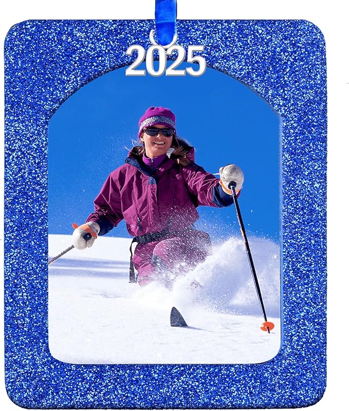 2025 Photo Ornaments for Christmas Tree, Sparkly Glitter Christmas Frame Ornament, Easy-Load Magnetic Design, Includes Satin Ribbon, Silver Charm & Photo Protector, Vertical, Blue
