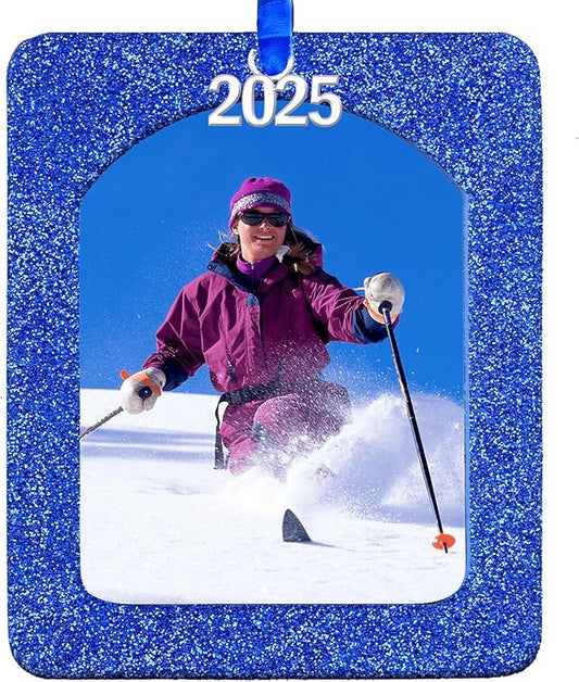 2025 Photo Ornaments for Christmas Tree, Sparkly Glitter Christmas Frame Ornament, Easy-Load Magnetic Design, Includes Satin Ribbon, Silver Charm & Photo Protector, Vertical, Blue
