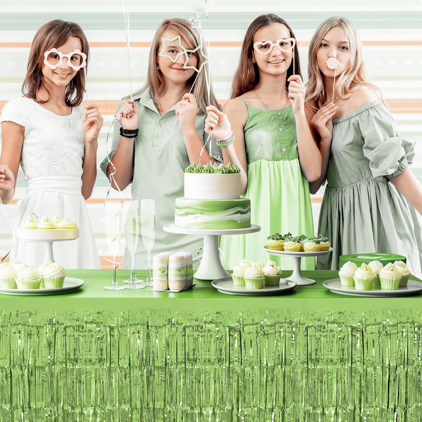 2 Pack Light Green Table Skirts, 29x108" Metallic Foil Tinsel Fringe Table Skirts for Rectangle Tables Streamer Curtains Backdrop, Party Decorations for Birthdays Weddings Holidays