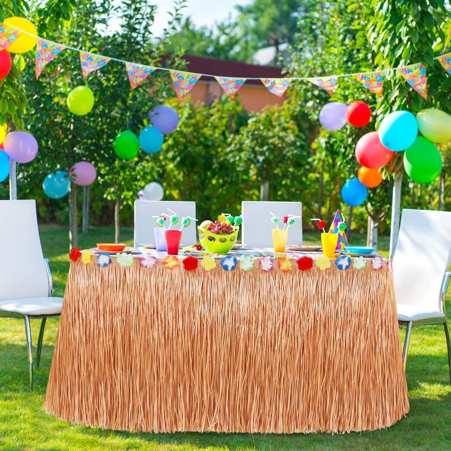 Hawaiian Themed Party Decorations, 2PCS Luau Party Table Skirt Decorations, 108 X 29.5" Table Skirt Flower Tropical Hula Dance Parties Supplies, Grass Table Skirt for Summer Beach Themed Party