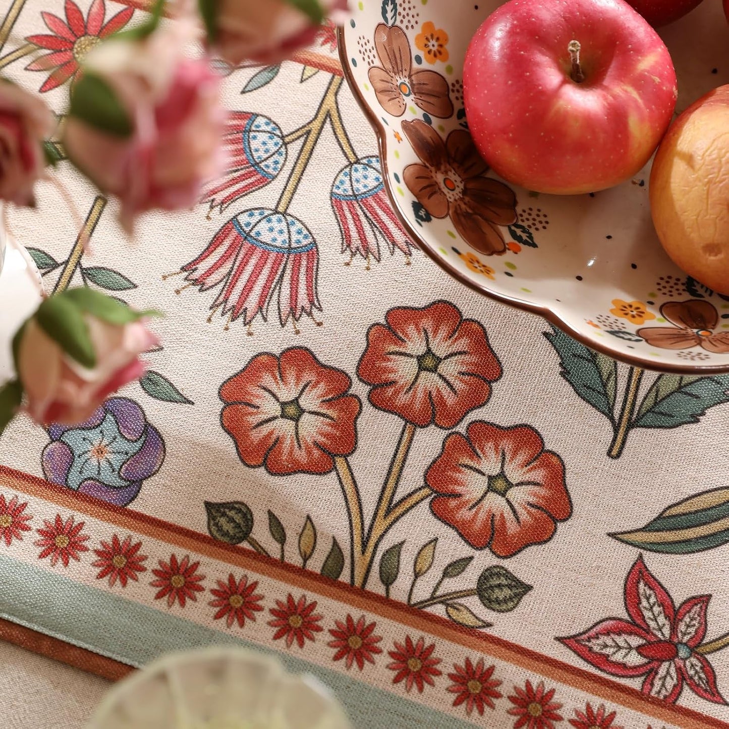 Decorative Linen French Table Runner 71 Inches Long,Green Floral Rustic Runner for Table Decor Tabletop Table Runners for Kitchen,Dining,Tea Party,Home,Christmas,12"*71"