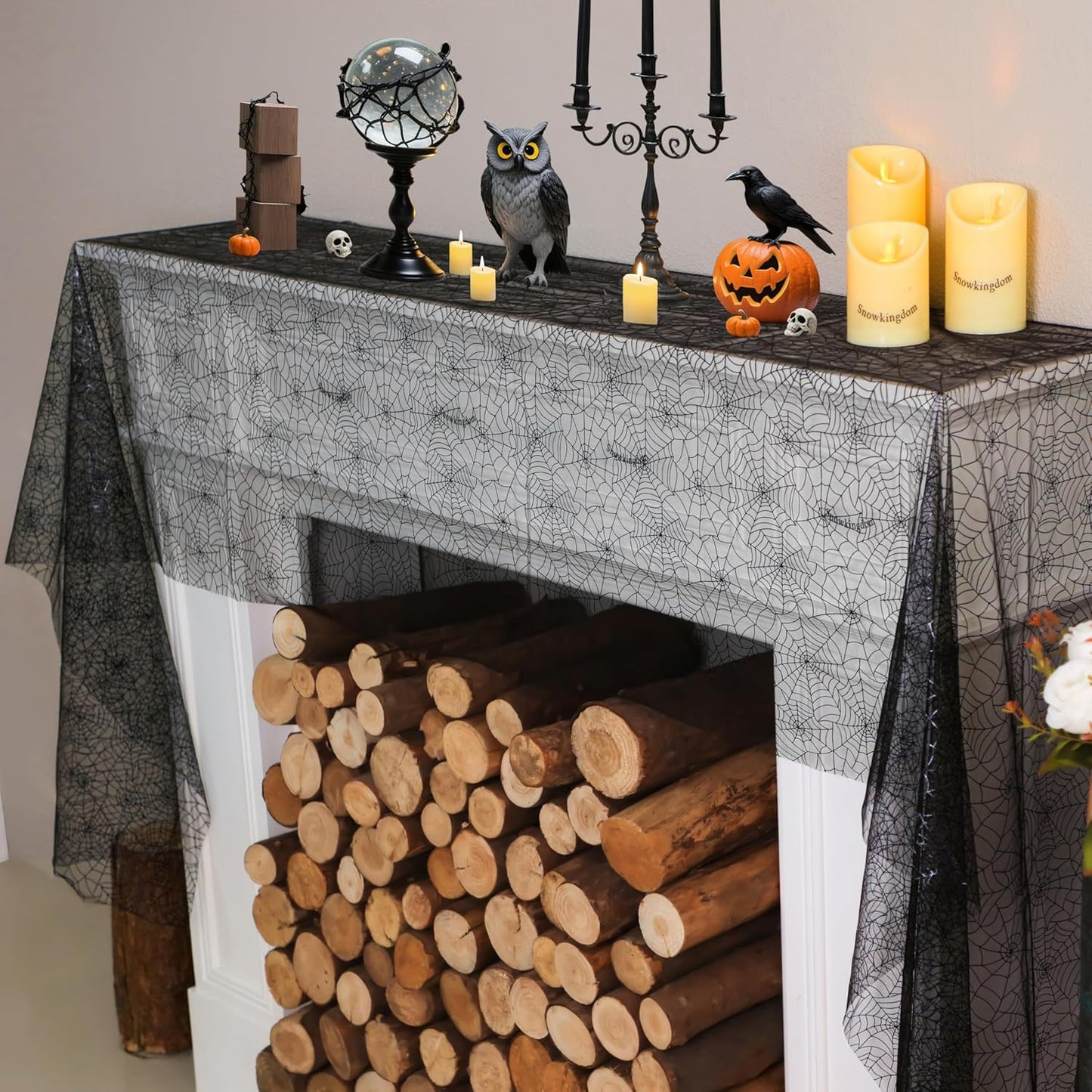 Snowkingdom Halloween Table Runner, 10 FT Black Spider Web Runners Metallic Sequin Sheer Chiffon Gauze Cheesecloth, Black Party Decorations for Halloween Kitchen Dinner Table Birthday Home Indoor