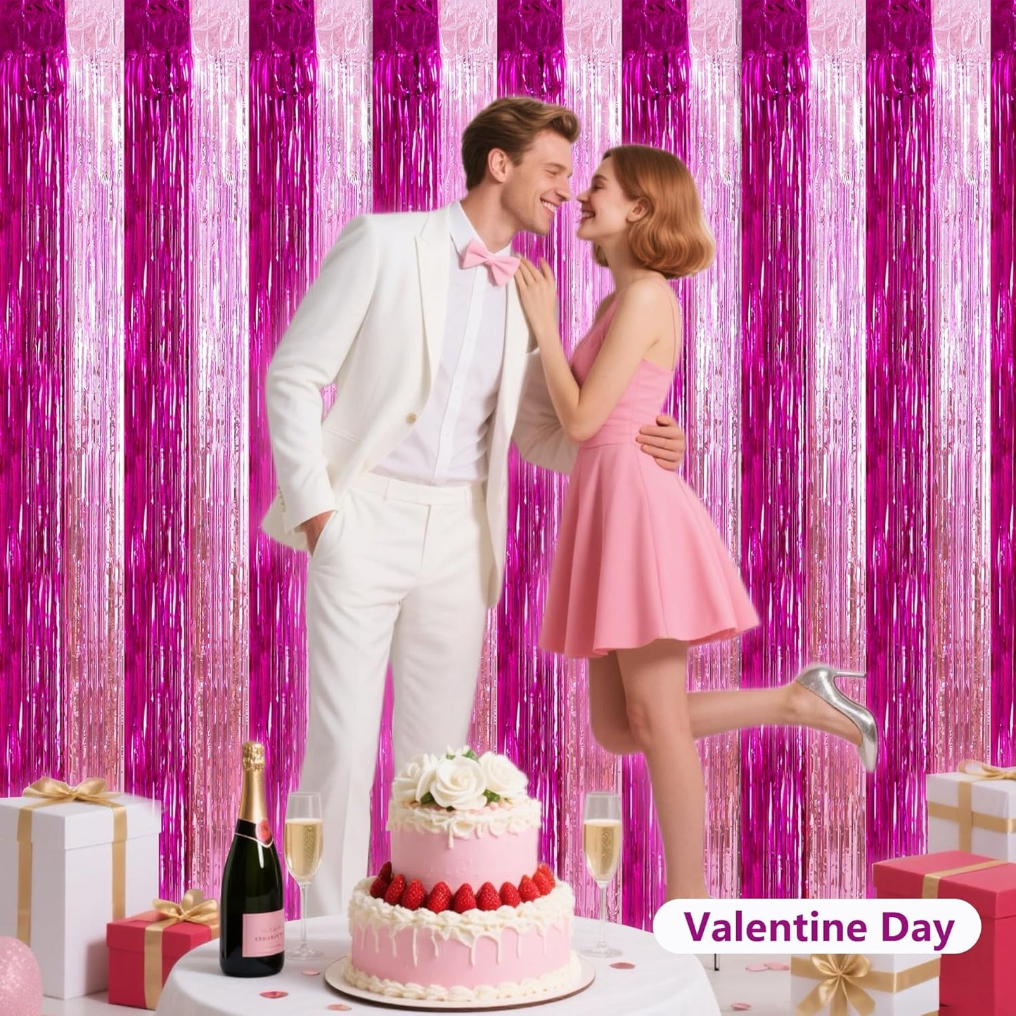 BEISHIDA Hot Pink Pink Door Streamers Backdrop Foil Fringe Tinsel Party Streamers Curtains Photo Backdrop -2Pcs for Birthday Graduation Bachelorette Party Decoations