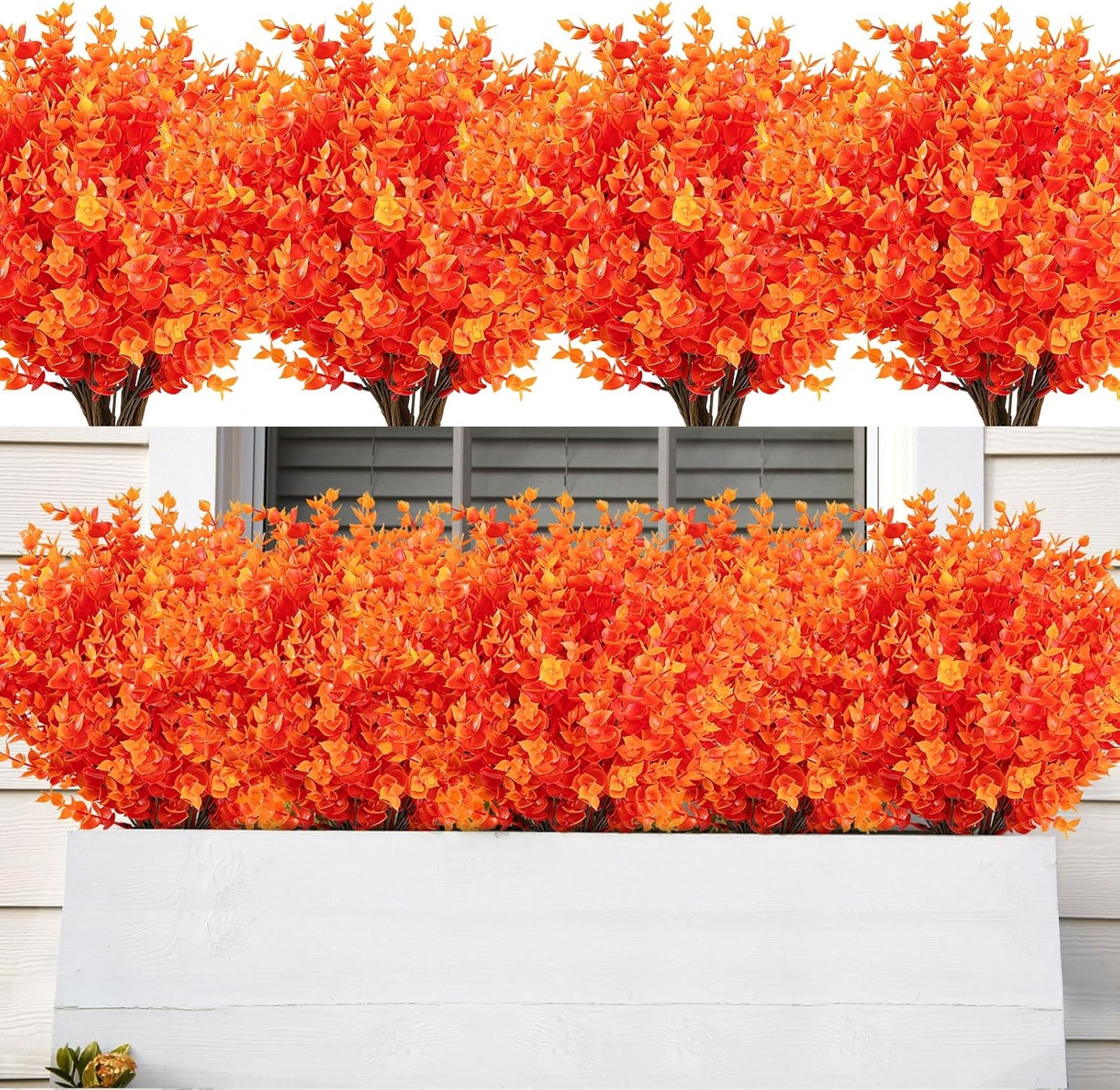 AmyHomie 20 Bundles Orange Fall Decor Artificial Flowers for Outdoor UV Resistant Faux Eucalyptus No Fade Fake Mums Plastic Plants Garden Porch Window Box Decorating