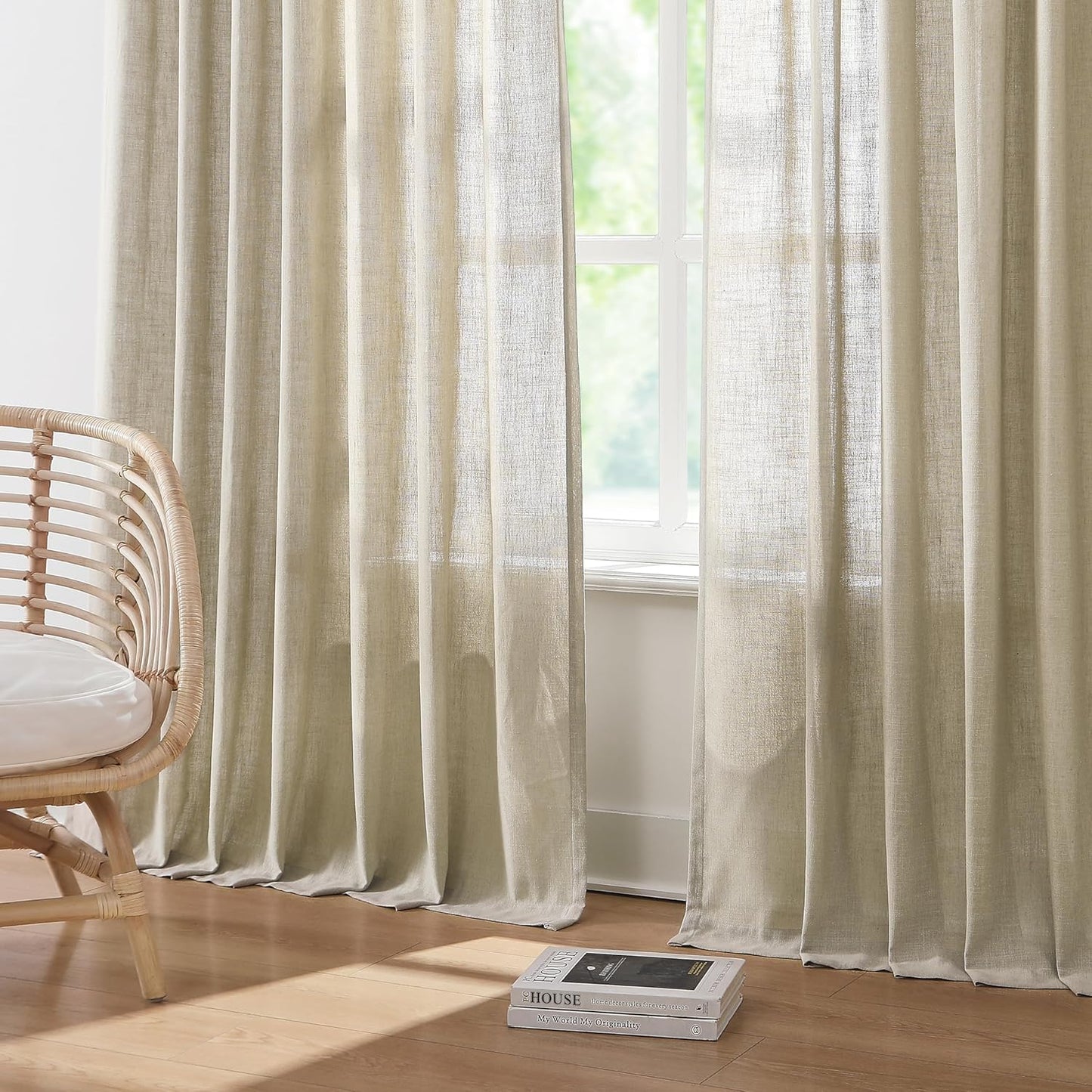 Vision Home Sand Pinch Pleated Semi Sheer Curtains Textured Linen Blended Light Filtering Window Curtains 84 inch for Living Room Bedroom Patio Pinch Pleat Drapes with Hooks 1 Panel 60" Wx84 L
